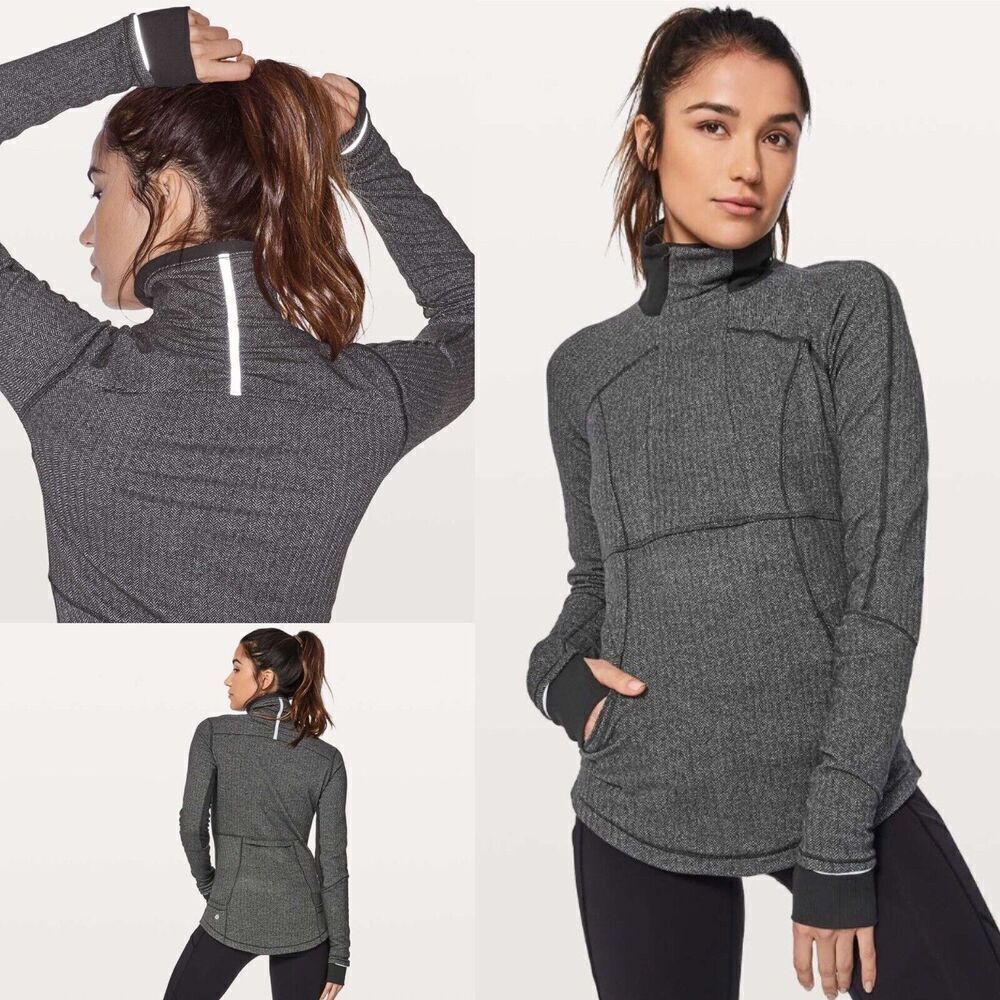 Lululemon Size 2 Base Runner 1/2 Zip Heathered Herringbone Black Running Top